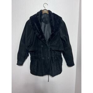 Vintage Black Suede Leather Jacket Coat Zip Up Womens Size M Gitano Fur Colar